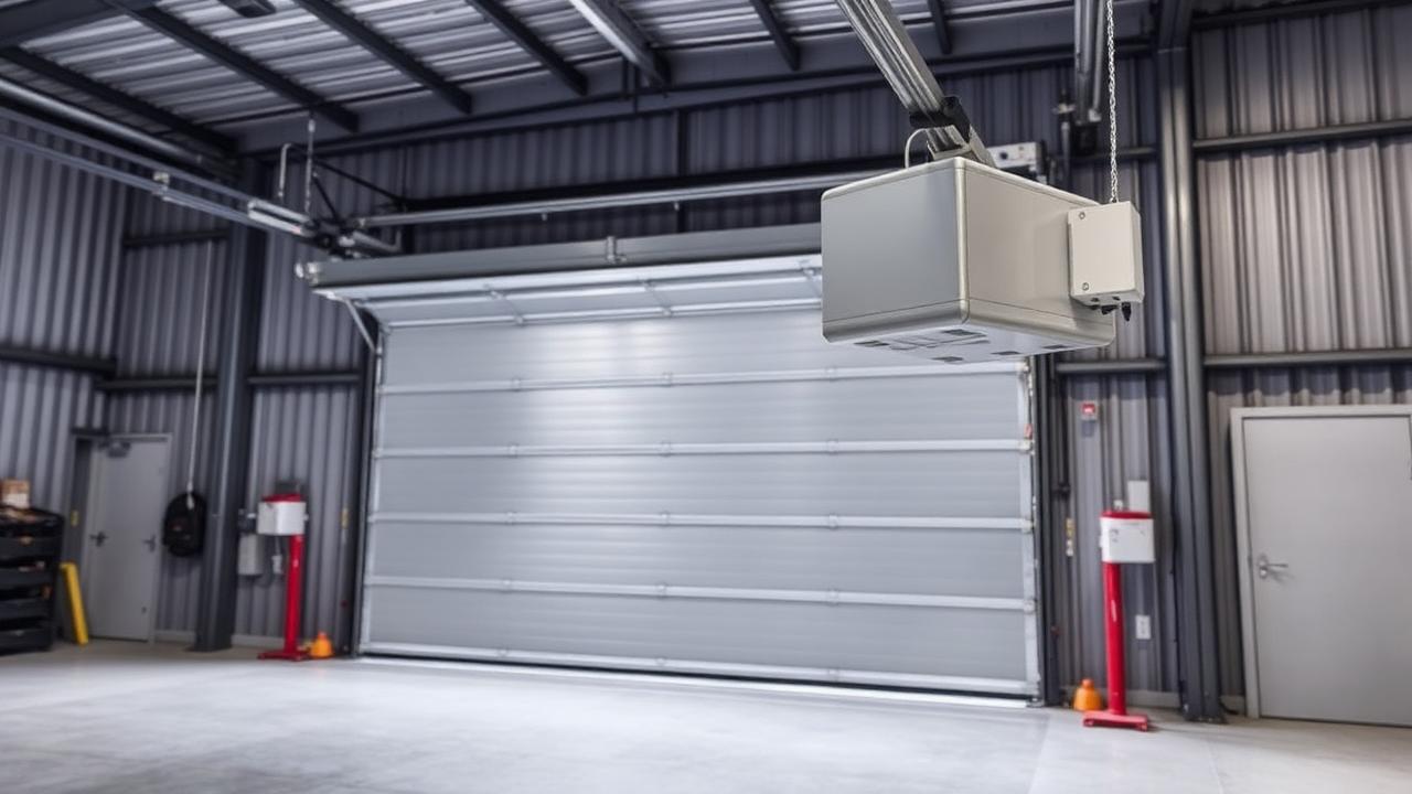 Side-mounted electric opener on a TruGlide roll-up garage door in a metal building